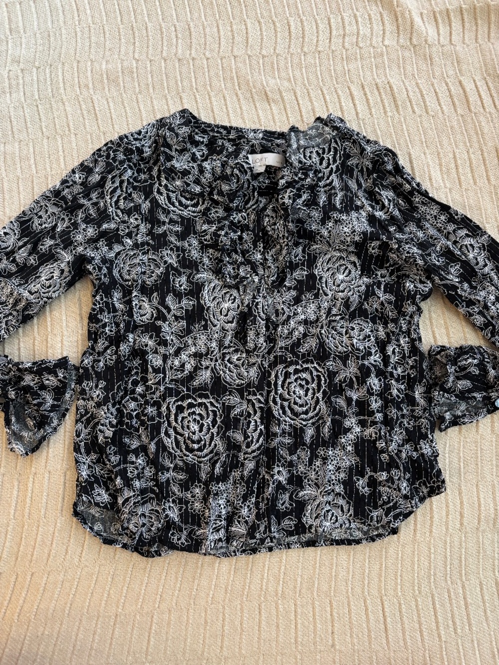 Loft Petite's Black and White Floral 3/4 Sleeve Blouse
